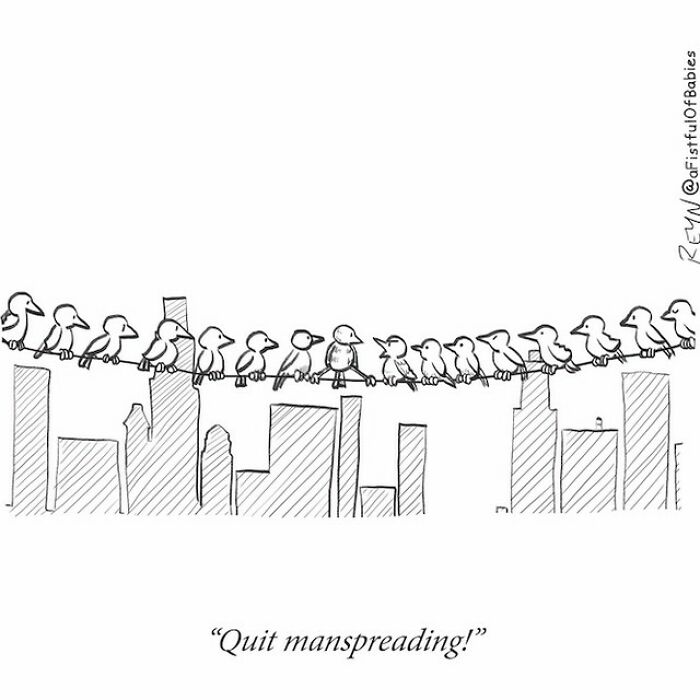 Cartoon of birds on a wire over a city skyline with one bird being told to quit manspreading in a funny comic style.