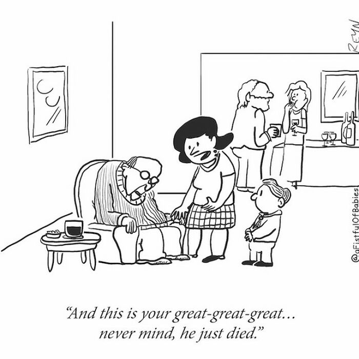 Black and white cartoon by ex-Late Show writer showing a family awkwardly introducing a deceased elderly man.