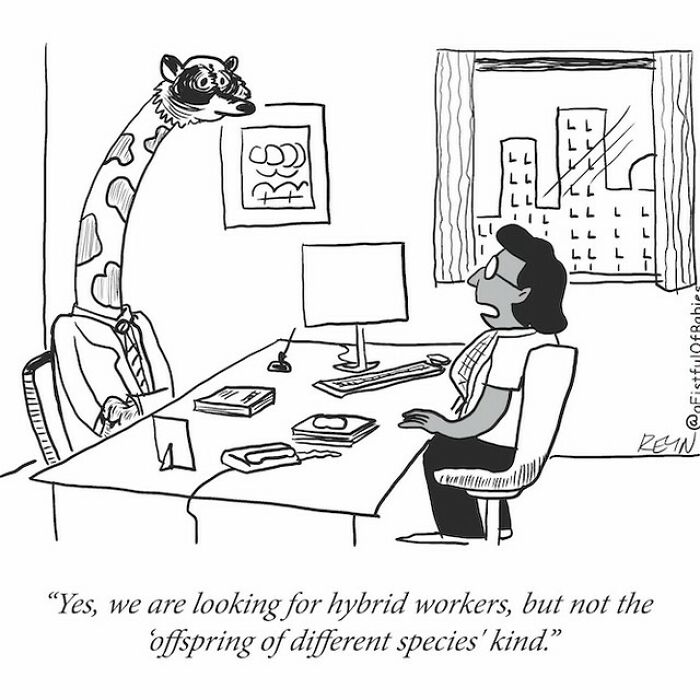 Absurdly funny cartoon depicting a giraffe-headed office worker interviewing a human for hybrid workers.