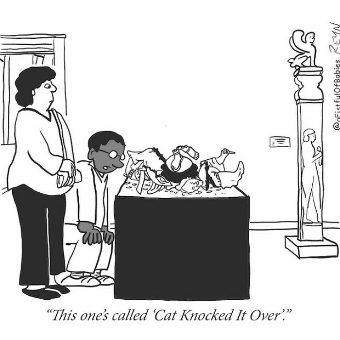 Cartoon showing museum visitors looking at a sculpture humorously titled Cat Knocked It Over, highlighting absurdly funny cartoons.