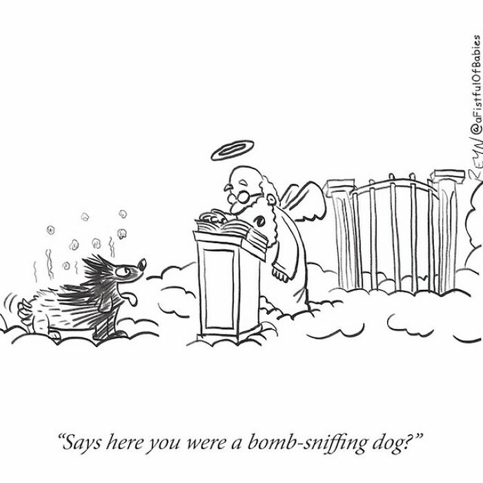Absurdly funny cartoon by ex-Late Show writer showing a b**b-sniffing dog arriving at heaven’s gate with an angel.