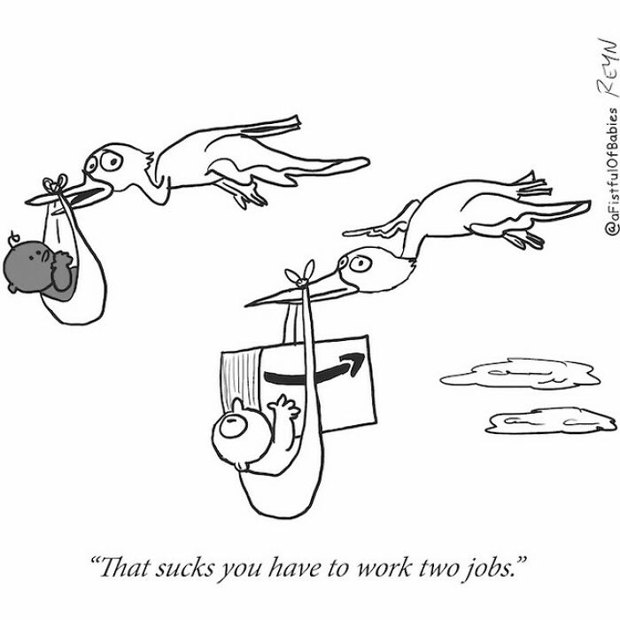 Absurdly funny cartoon by ex-Late Show writer showing storks delivering a baby and a package simultaneously.