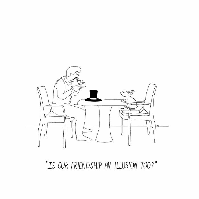 One-panel comic showing a man and a rabbit at a table with a magic hat, depicting a hilariously relatable moment.