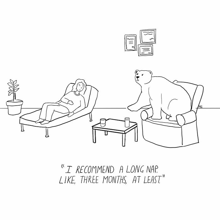 One-panel comic showing a person lying on a couch and a bear giving humorous relatable advice.