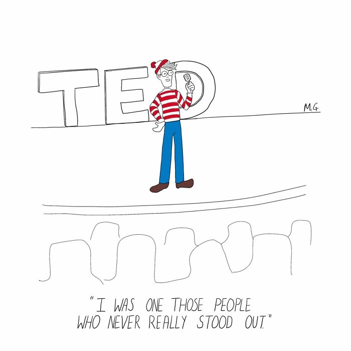 One-panel comic featuring a character in a red striped shirt humorously reflecting on not standing out.