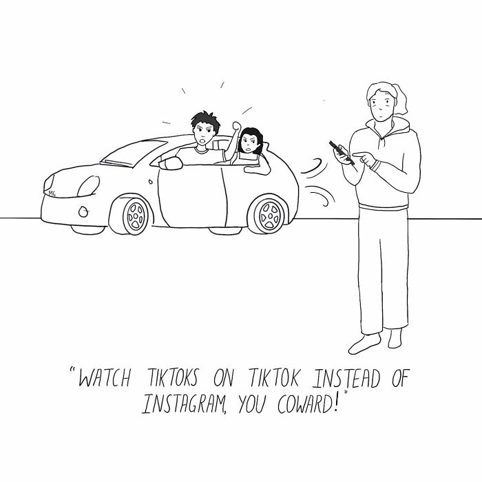 One-panel comic showing a couple yelling at a person using their phone with relatable humor.