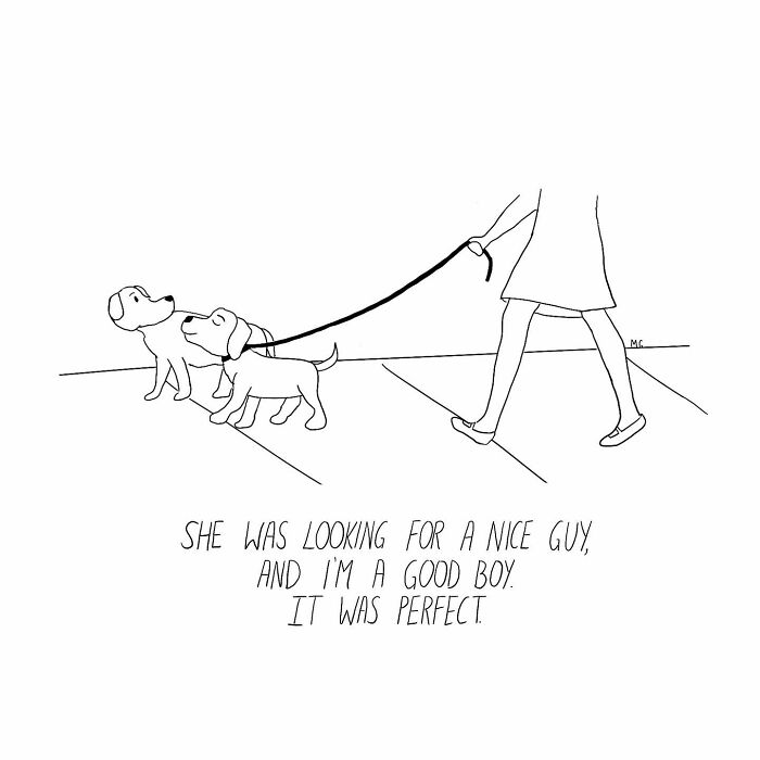 One-panel comic of two dogs on leashes with a caption about a nice guy and a good boy, relatable humor.