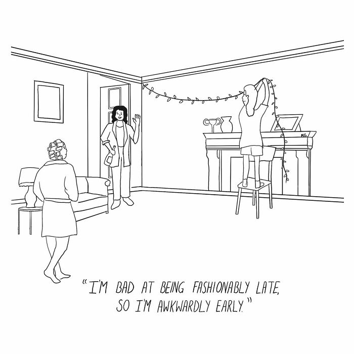 Hilariously relatable one-panel comic showing a person awkwardly early with text about being fashionably late.