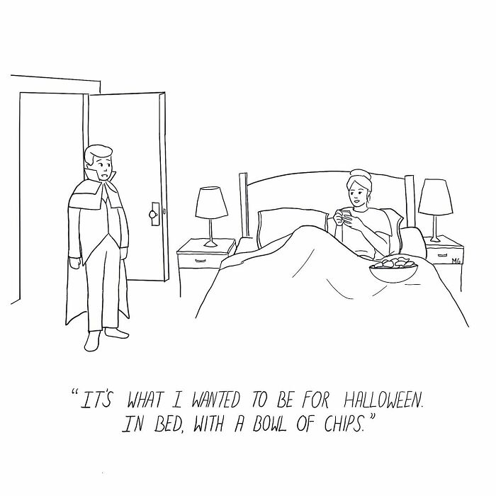 One-panel comic artist humorously depicts relatable Halloween plans with bed and snacks in a simple black and white drawing.