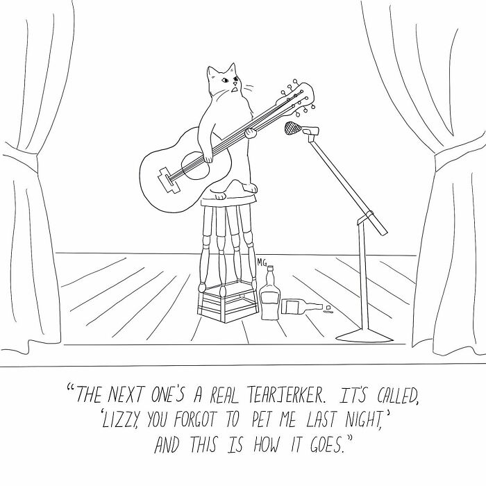 Black and white one-panel comic of a cat playing guitar on stage, a relatable and hilarious comic art style.