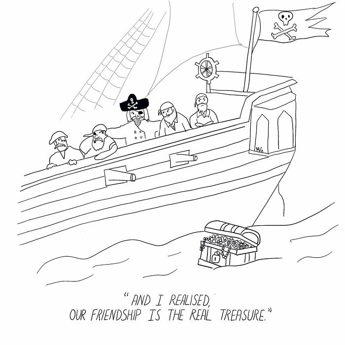 One-panel comic showing pirates on a ship realizing friendship is the real treasure in a relatable, humorous style.
