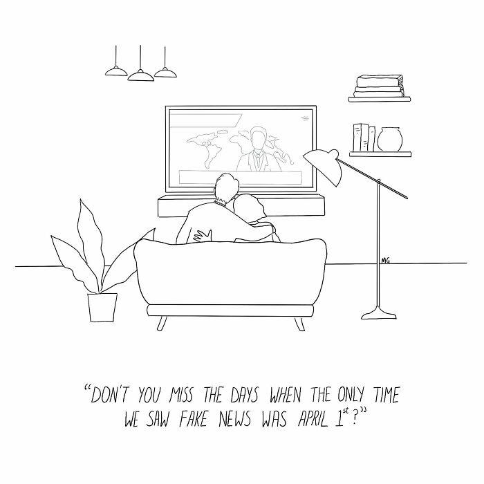 Minimalist one-panel comic shows a couple watching TV with a joke about fake news and April Fools’ Day humor.