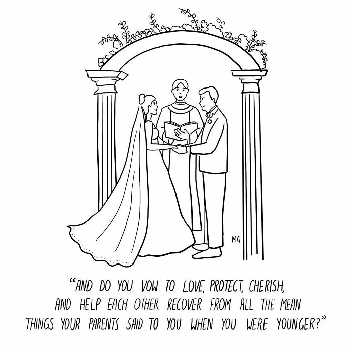 Wedding comic panel showing couple exchanging vows with humor and relatable one-panel comic style.