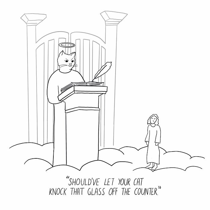One-panel comic by artist showing a cat with a halo judging a person in front of heavenly gates, humorous and relatable.