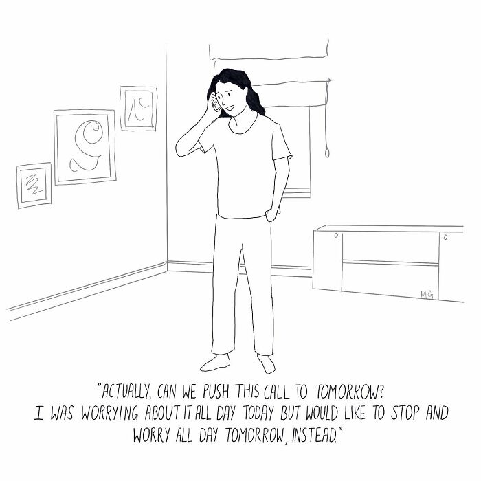 Minimalist one-panel comic of a woman on the phone, depicting a hilariously relatable moment about procrastinating worries.