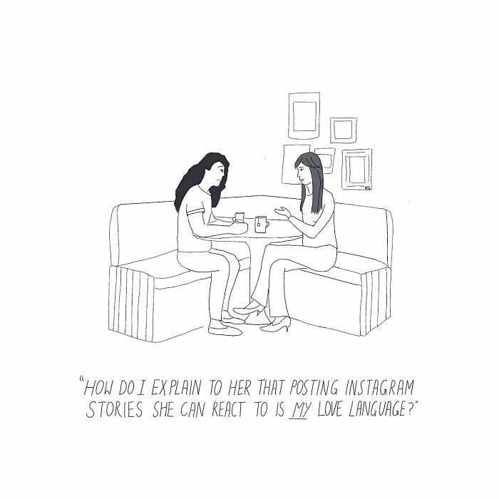 Two women having coffee in a relatable one-panel comic illustrating a humorous conversation about love languages.