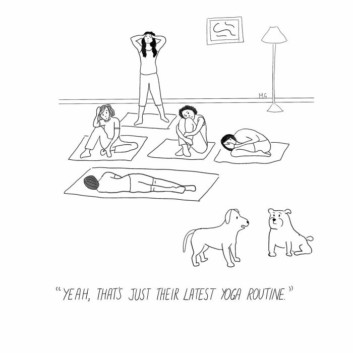 Two dogs observing a group doing yoga poses in a comic illustrating hilariously relatable one-panel comics.