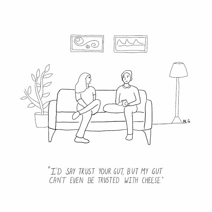 One-panel comic by artist showing two people on a couch with a relatable funny caption about trusting your gut.