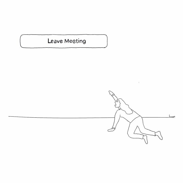Minimalist one-panel comic showing a person reaching to click a leave meeting button in a relatable office moment.