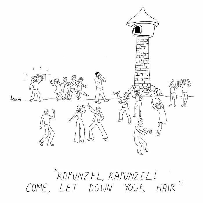 One-panel comic by an artist showing people dancing and calling out to Rapunzel at a tower in a humorous scene.