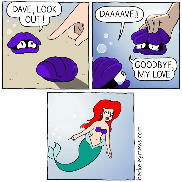 Comic panels showing darkly funny seashell characters and a mermaid, illustrating dark humor in Ben Zaehringer comics.