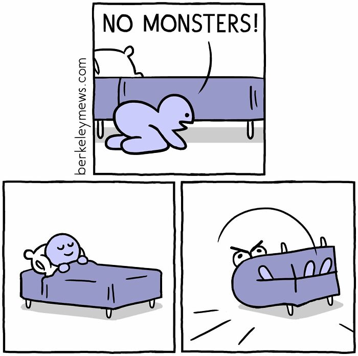 Comic panels showing a darkly funny scene with a character hiding under a bed saying no monsters, from darkly funny comics by Ben Zaehringer.