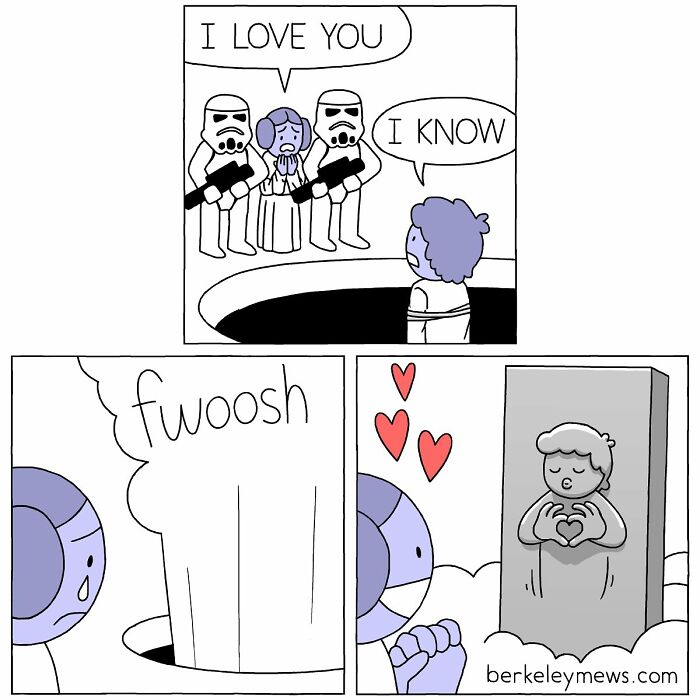 Darkly funny comic panels by Ben Zaehringer featuring a playful sci-fi inspired love scene with stormtroopers and emotional moments.