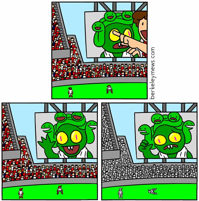 Green multi-headed creature reacting on stadium screen with crowd watching in darkly funny comic by Ben Zaehringer.