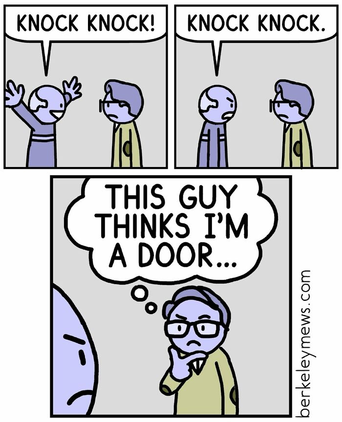 Darkly funny comic by Ben Zaehringer showing a man confused by a knock knock joke in a simple cartoon style.