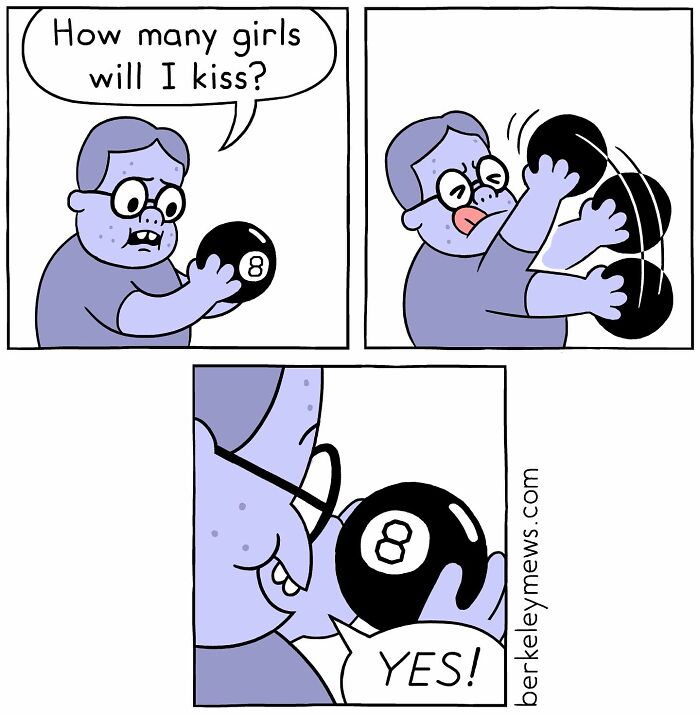 Comic by Ben Zaehringer showing a character humorously interacting with a magic 8 ball in a darkly funny style.