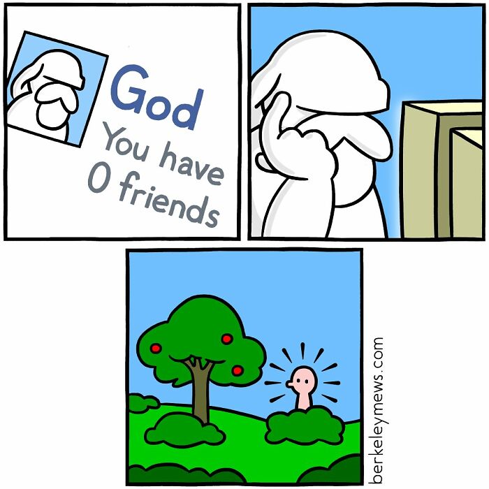 Comic strip from darkly funny comics by Ben Zaehringer showing God receiving a message about having zero friends.