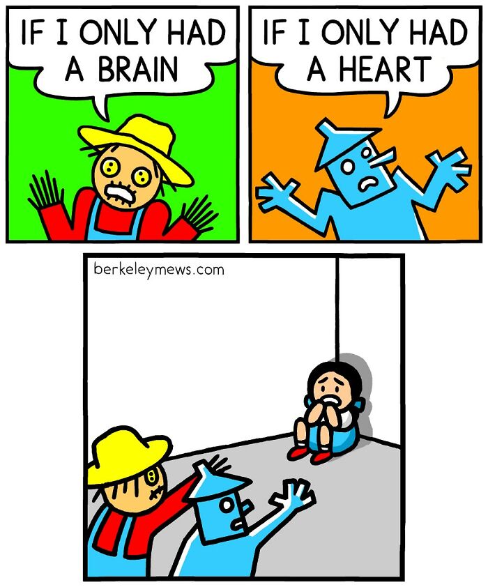 Comic panels by Ben Zaehringer showing characters lamenting lack of brain and heart in a darkly funny style.