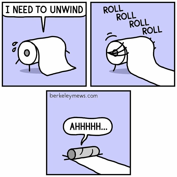 Comic strip featuring a toilet paper roll humorously trying to unwind, illustrated in darkly funny comic style.