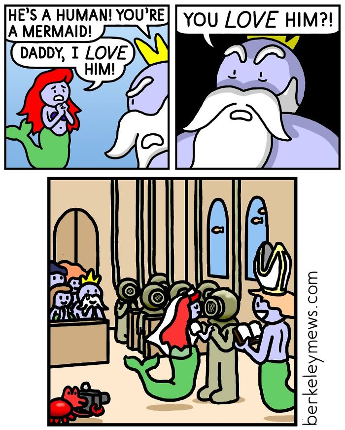 Comic strip depicting a darkly funny scene with a mermaid, king, and military figures in a humorous setting.