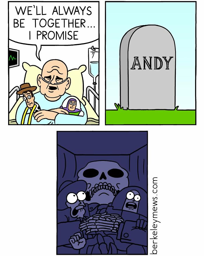 Darkly funny comic panels by Ben Zaehringer showing a man with toys, a tombstone, and skeletons in a dark space.