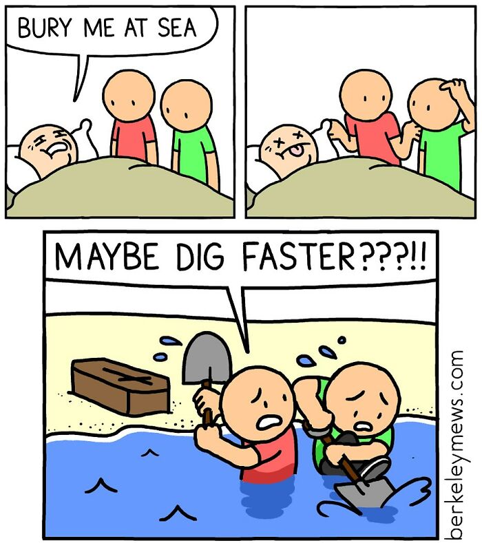 Darkly funny comic by Ben Zaehringer shows two people hurriedly digging at the beach after a man's dying request to be buried at sea.