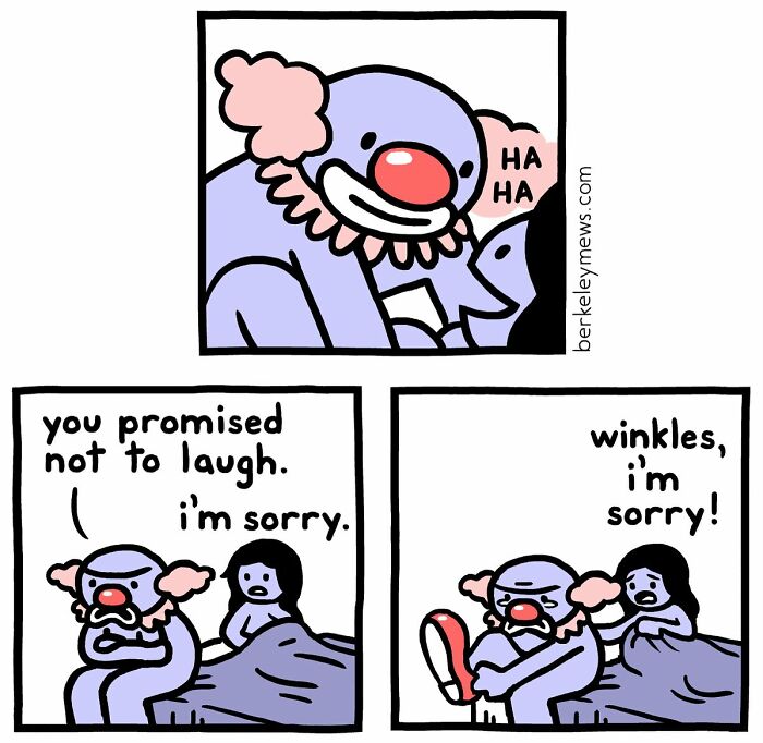 Darkly funny comics by Ben Zaehringer showing a clown laughing and apologizing in a humorous bedroom scene.