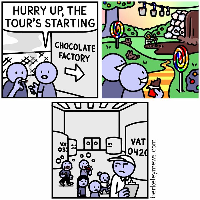Darkly funny comic by Ben Zaehringer showing kids on a chocolate factory tour with a grim twist in the final panel.