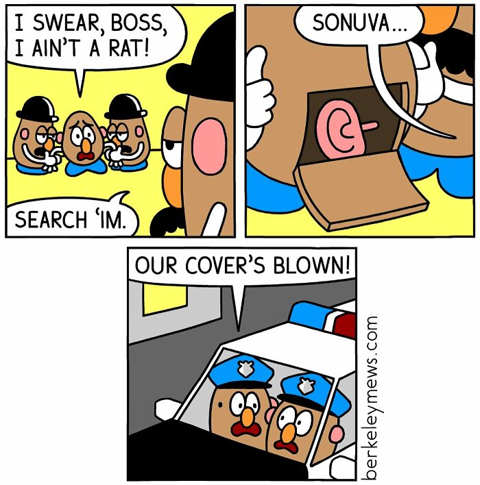 Darkly funny comic by Ben Zaehringer showing undercover characters caught by police in a humorous twist.