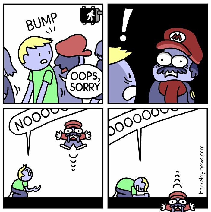 Darkly funny comic by Ben Zaehringer showing a surprised character resembling Mario falling after a bump in a crowd.