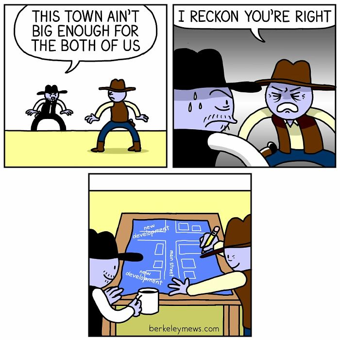 Two cowboys in a darkly funny comic by Ben Zaehringer plan new developments instead of a showdown.