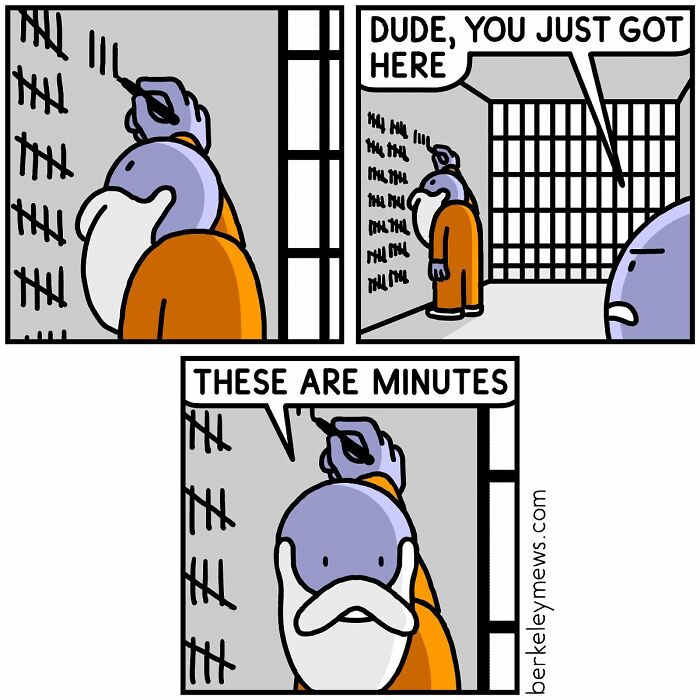 Prisoner marking minutes on the wall in a darkly funny comic by Ben Zaehringer with a humorous twist.