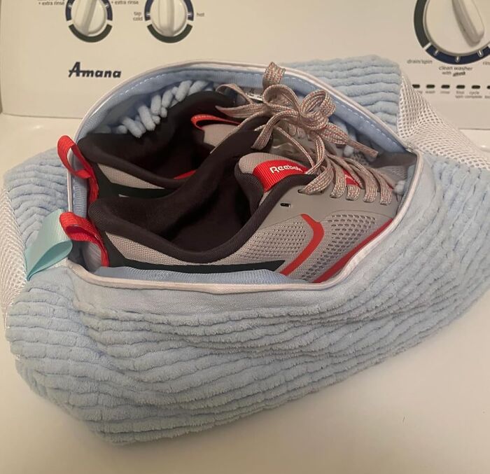 Sneaker inside a mesh laundry bag designed for washing shoes, showcasing designers understanding hyper specific life issues.