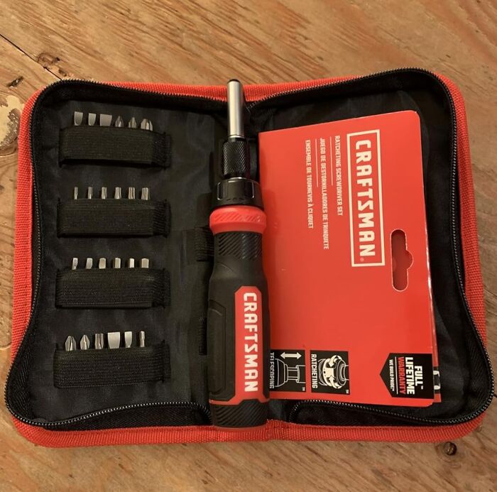 Craftsman multi-tasking ratcheting screwdriver set with various bits in a compact red and black case for home use.