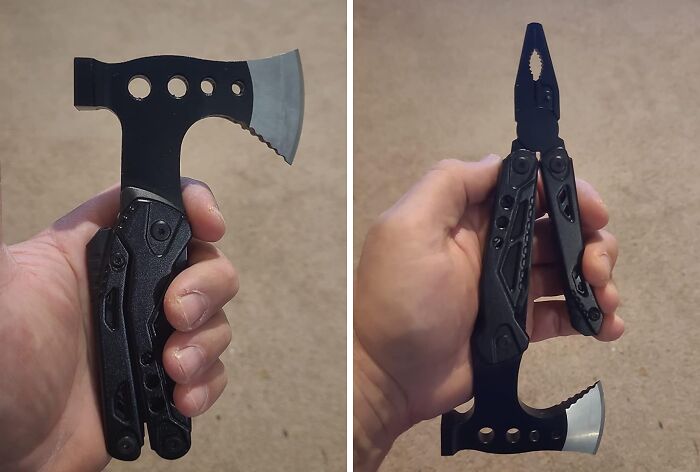 Hand holding a multi-tasking tool with an axe blade, demonstrating versatile Swiss Army knives for your home.