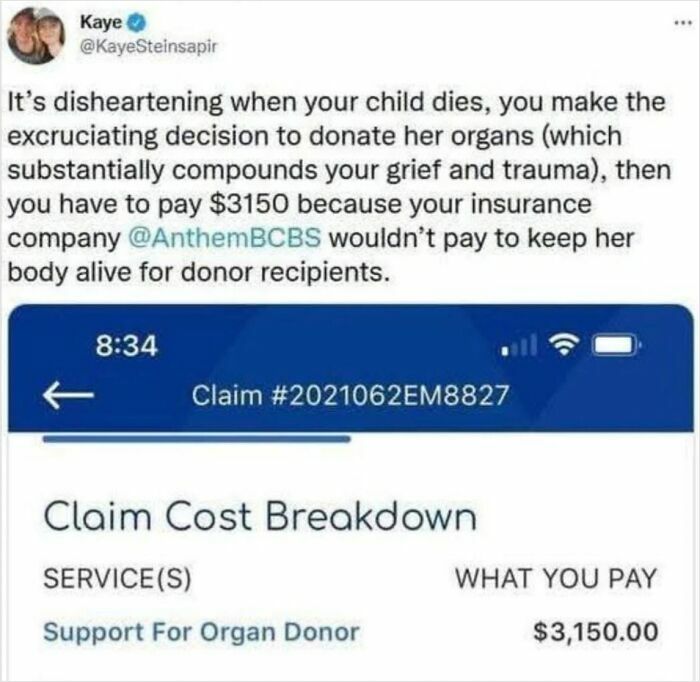 Social media post highlighting trauma and high insurance costs related to organ donation after child’s death.