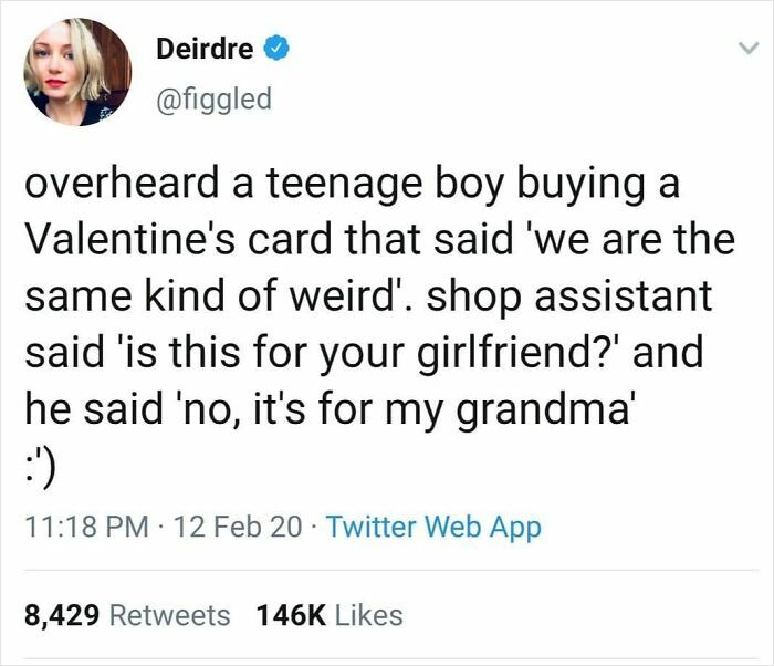 Tweet sharing a feel-good moment about a boy buying a Valentine's card for his grandma to restore faith in humanity.