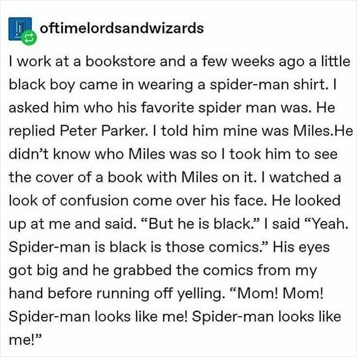 A feel-good story about a child discovering a black Spider-man comic, highlighting wholesome moments and humanity.