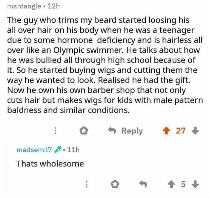 Reddit post describing a barber who makes wigs for kids with baldness, showcasing wholesome stories that restore faith in humanity.