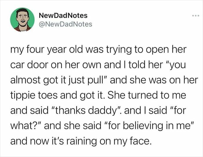 Tweet from NewDadNotes sharing a feel-good moment of a child opening a car door, highlighting wholesome faith in humanity.
